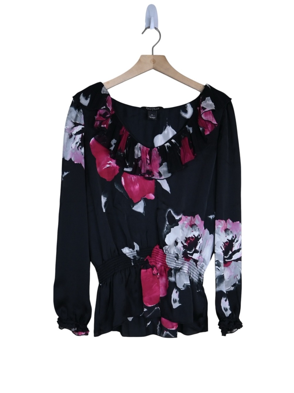 WHBM Women's S Black Floral Ruffle Neck Peplum Blouse